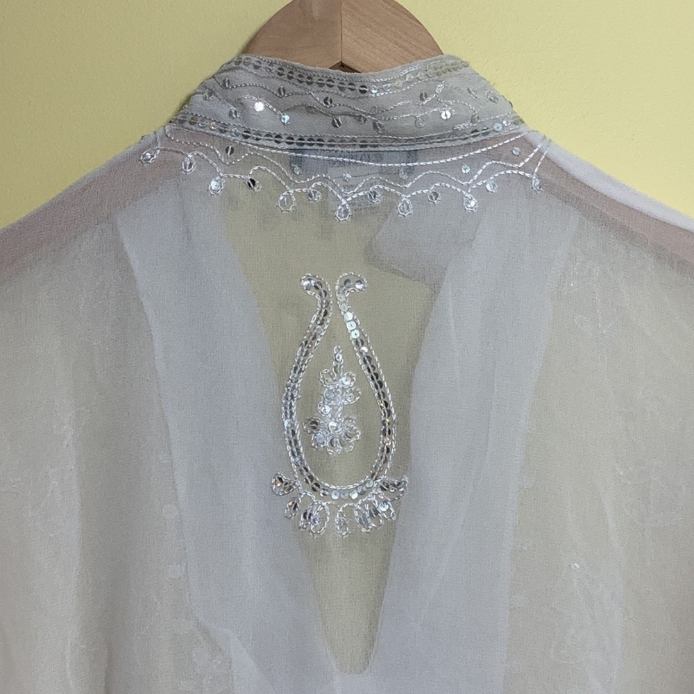 Tokyo Denem White Embroidered Sequin Sheer Long Sleeve Tunic Kimono Dress M - Picture 14 of 17